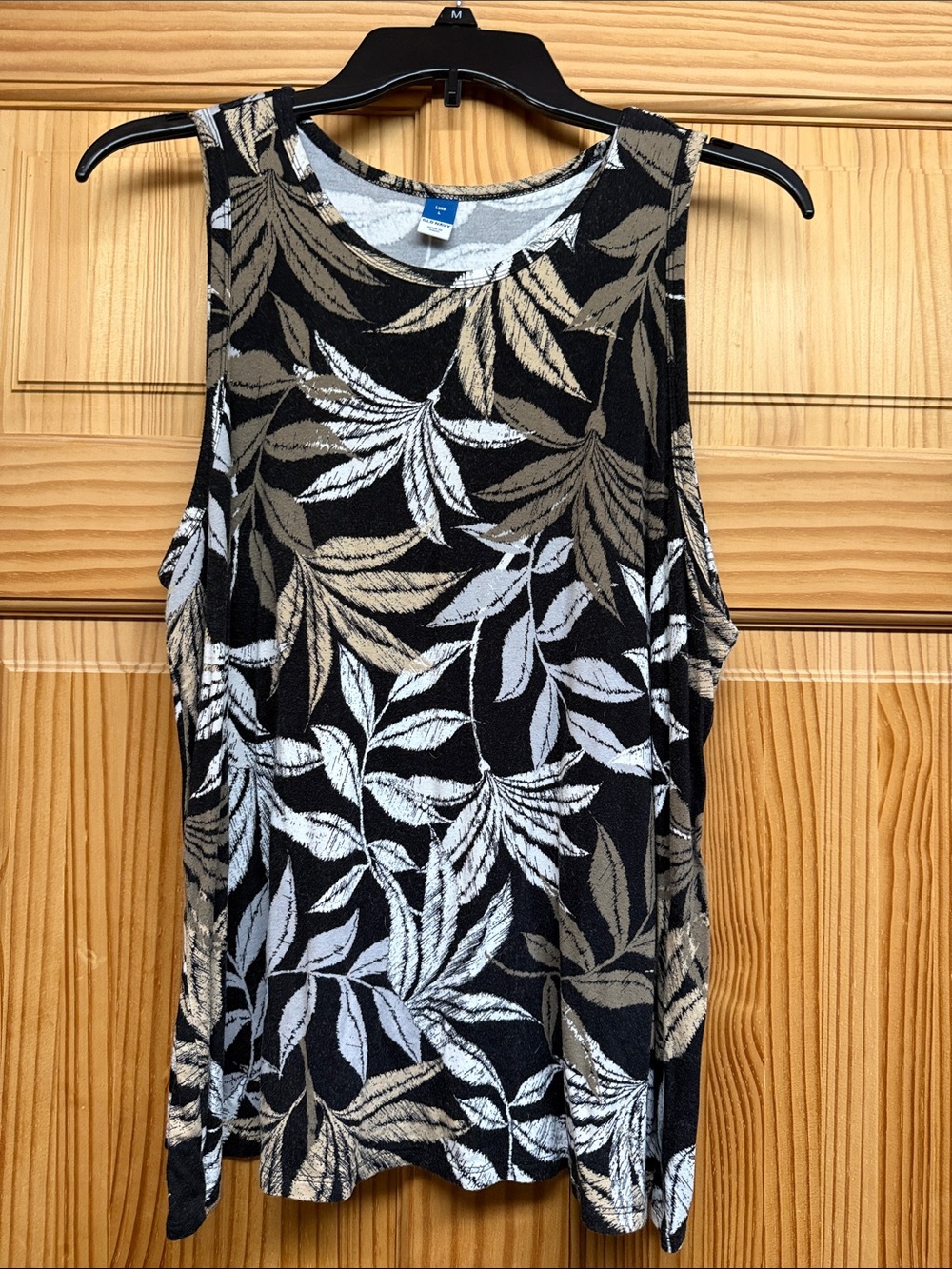 Old Navy Black Tank Top with White and Tan Leaf Print